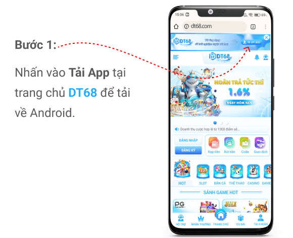 Ảnh chụp màn hình nút Tải App DT68 trên trang chủ Android